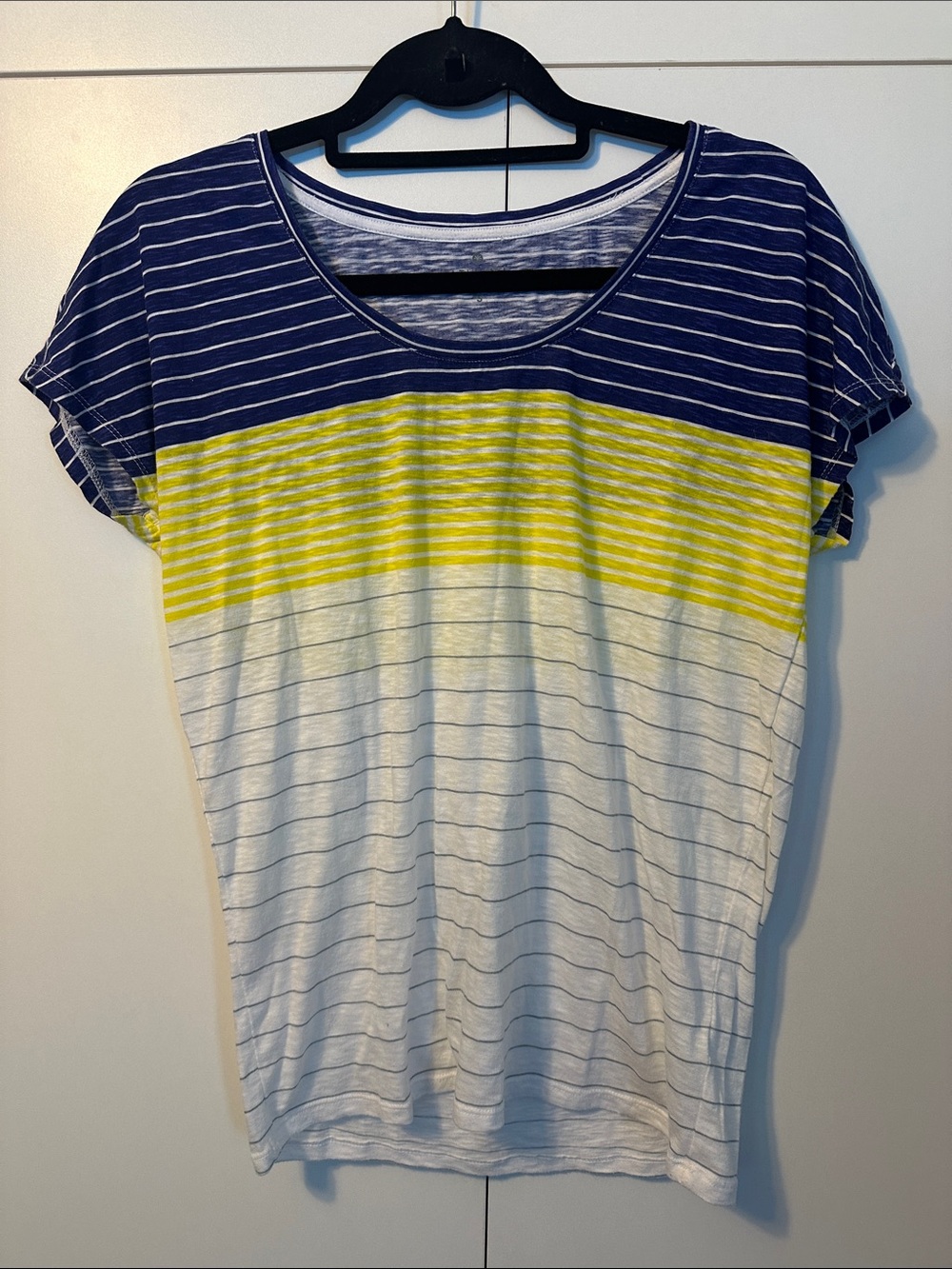 Athleta Striped Scoop-Neck Short Sleeve Tee in Navy, Yellow & White